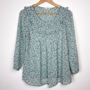 GAP Sz. Small Floral Balloon Long Sleeve Teal Ruffle Blouse